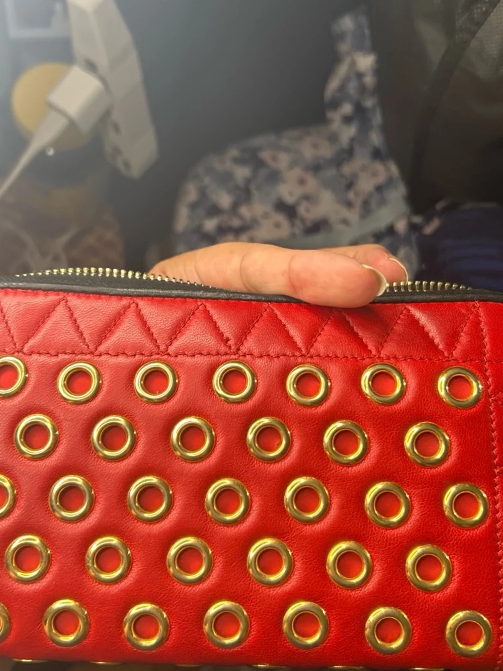 Miu Miu Red Quilted Leather Zip Card Holder with Gold Eyelets